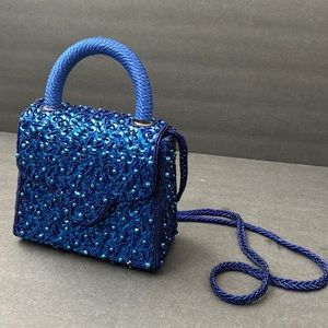 Sparkling Electric Royal Blue Vintage Sequin Evening Formal Prom Bag with Strap